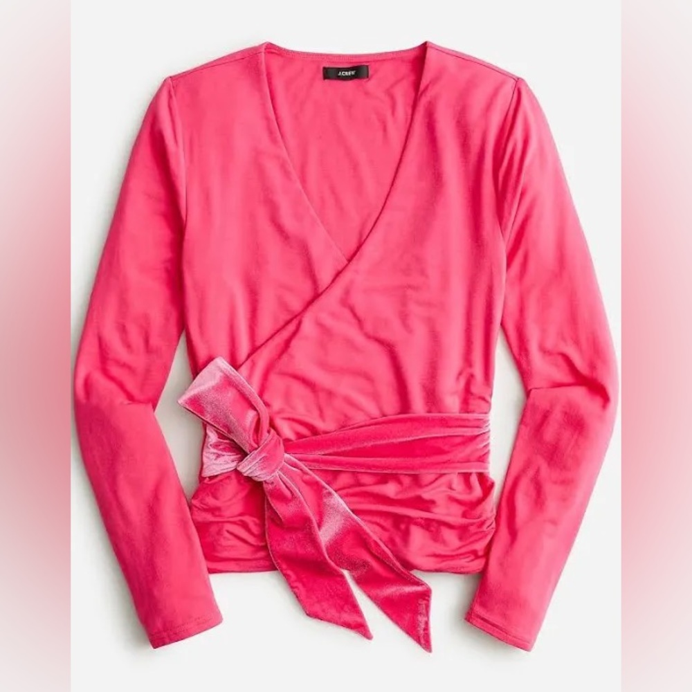 J.Crew FormKnit Long-Sleeve Wrap Top with Velvet Bow-Tie